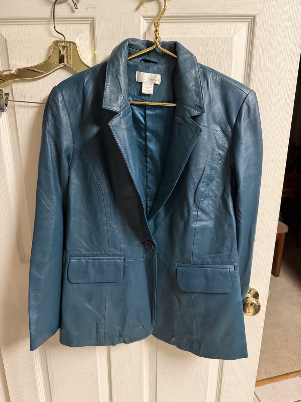 Spiegel Vintage Y2k Women's Blue Teal Leather Blazer Jacket Size 14 Large 40x27